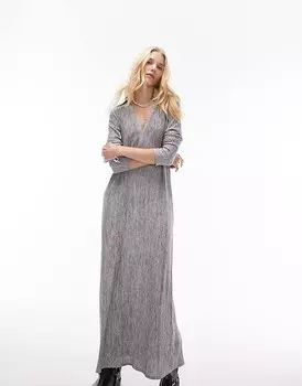 Topshop — Серое платье миди со складками и воротником-стойкой