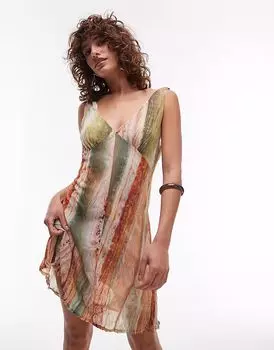 Topshop сетчатый принт с v-образным вырезом мини-платье с развевающейся отделкой в нескольких цветах