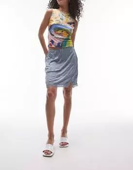 Topshop — синяя мятая мини-юбка с отделкой-комбинацией и кружевным разрезом