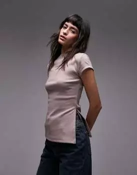 Topshop — стираная розовая футболка в рубчик с высоким воротником и разрезом по бокам