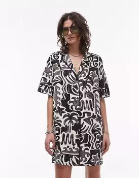 Topshop - Сувенирное короткое платье-рубашка с черно-белым принтом