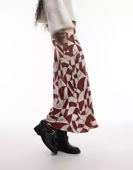Topshop Tall – Асимметричная атласная юбка-макси красного цвета с геометрическим узором