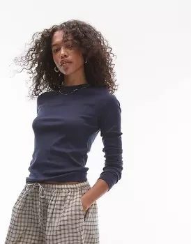 Topshop – темно-синий приталенный топ с длинными рукавами