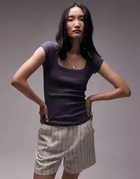 Topshop – топ из сланцевого ребра с квадратным вырезом и короткими рукавами