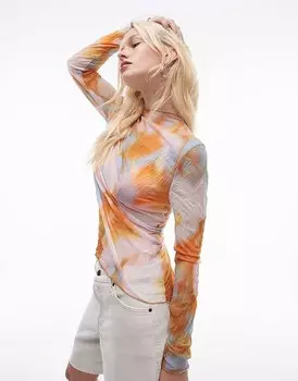 Topshop – Топ с длинными рукавами и оборками в яркий абстрактный цветочный узор