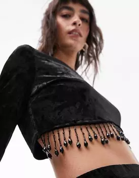 Topshop — топ с длинными рукавами из черного бархата и бахромой в тон