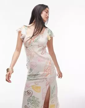 Topshop — торжественное платье миди с темно-синим принтом и рукавами с рюшами