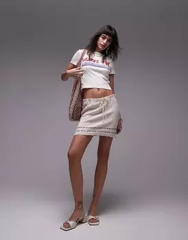 Topshop – трикотажная мини-юбка каменно-бежевого цвета с отделкой крючком