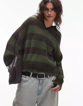 Topshop трикотажное поло в пушистую полоску свободного покроя серого и зеленого цвета