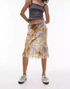 Topshop — юбка кроя 90-х годов из разноцветного атласа тай-дай с кружевной отделкой