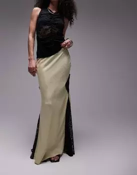 Topshop — юбка миди фисташкового цвета из сочетающегося атласа и кружева