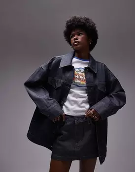 Topshop – Удлиненная джинсовая куртка серого цвета с объемным вырезом