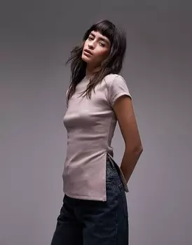 Topshop – Выцветшая розовая футболка с высоким воротником в рубчик и разрезом по бокам