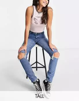 Topshop Высокие синие джинсы Mom с двойной рваной отделкой