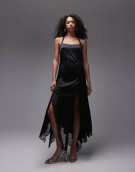 Topshop – Высококачественное черное платье миди с воротником-халтером, кружевной вставкой и пряжкой