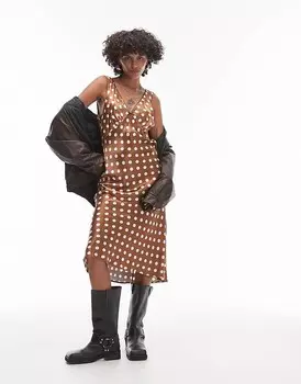Topshop винтажное коричневое платье на бретелях в горошек