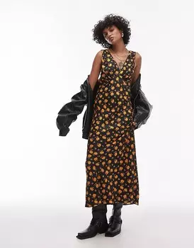Topshop – винтажное оранжевое платье миди с цветочным принтом и бретелями, V-образным вырезом спереди и сзади