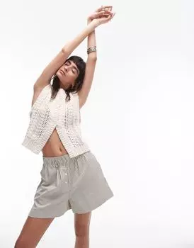 Topshop – вязаный топ без рукавов серо-бежевого цвета с декоративным переплетением