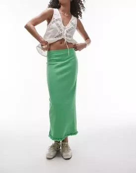 Topshop – зеленая юбка-миди с бахромой внизу