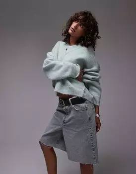 Topshop – Зеленый пышный вязаный джемпер с высоким воротником и V-образным вырезом