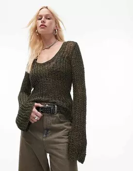 Topshop – Зеленый вязаный топ с сетчатым принтом и U-образным вырезом