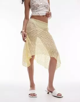 Topshop — желтая юбка из кружевного джерси с заостренным краем, длина в стиле 90-х годов