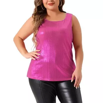 Топы больших размеров для женщин, блестящая металлическая майка, рубашка с круглым вырезом, вечерние футболки без рукавов, блузка Agnes Orinda, цвет Hot Pink