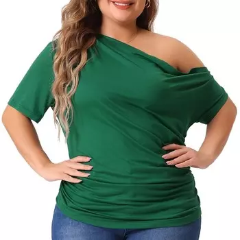 Топы больших размеров для женщин, блузки с короткими рукавами на одно плечо Agnes Orinda, цвет Dark Green