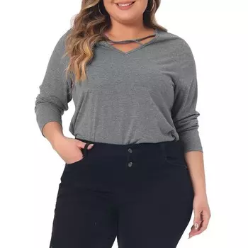 Топы больших размеров для женщин, футболки с перекрестным V-образным вырезом, повседневная футболка с длинными рукавами, топ Agnes Orinda, серый