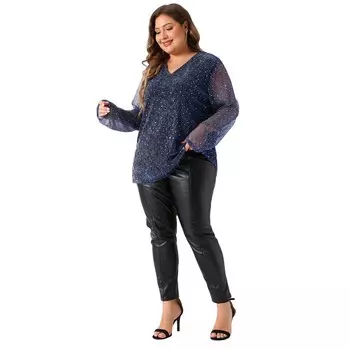 Топы больших размеров для женщин, голографическая блузка с длинными рукавами и пайетками, блестящая голографическая блузка с v-образным вырезом Agnes Orinda, цвет Blue Purple
