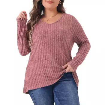 Топы больших размеров для женщин, повседневная блузка-туника с V-образным вырезом и длинными рукавами, в рубчик с косточками и щеткой Agnes Orinda, розовый