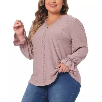 Топы больших размеров для женщин, V-образный вырез, оборка, длинный рукав, кружевные вязаные крючком, повседневные полые блузки, футболки Agnes Orinda, розовый