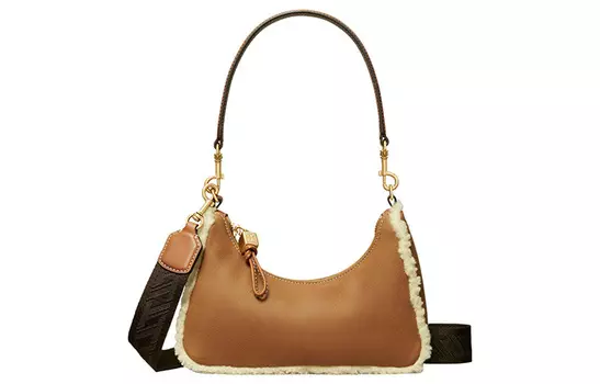TORY BURCH 151 MERCER Сумка-полумесяц из замши с отделкой из овчины, портативная сумка через плечо, женская, коричневого цвета