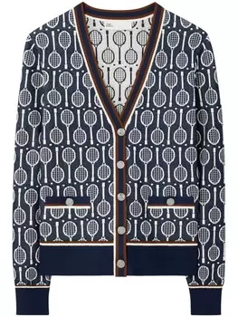 Tory Burch кардиган технической вязки с V-образным вырезом, синий