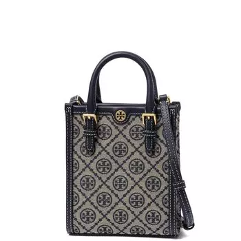 TORY BURCH Мини-сумка-тоут T Monogram темно-синего цвета
