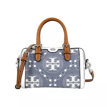TORY BURCH Сумка-бомбер "T Monogram" из джинсовой ткани с жаккардовой отделкой из телячьей кожи, жемчужно-голубого цвета, небольшого размера