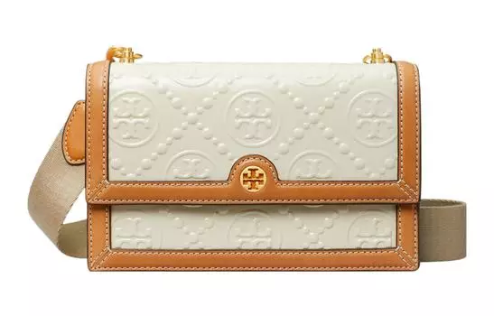 TORY BURCH Сумка через плечо из лакированной кожи с монограммой T, женская, цвет "каменно-белый"