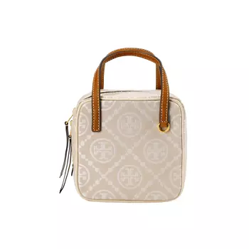 TORY BURCH Сумка через плечо с монограммой T и жаккардом, с кожаной отделкой, женская, цвета слоновой кости