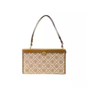 TORY BURCH Сумка-мешок для хранения из тканого жаккарда с монограммой T и кожей, мини-сумка через плечо, женская, коричневого цвета