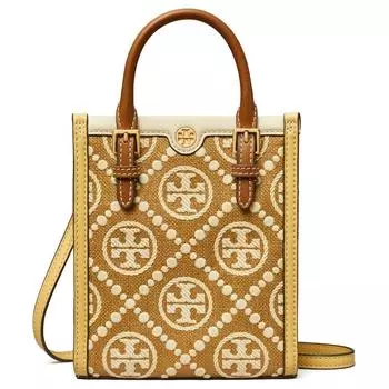 TORY BURCH Сумка-шоппер из рафии с кожаной отделкой, сумка-шоппер, сумка через плечо, мини-сумка женская, коричневого цвета