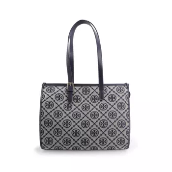 TORY BURCH Сумка-шоппер из жаккардовой ткани с монограммой T и кожаной отделкой, сумка-шоппер, сумка через плечо, женская, темно-синяя