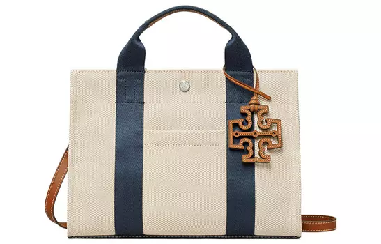 TORY BURCH Сумка-шоппер Trumpets из холста с кожаной отделкой, женская, натурально-бежевого цвета