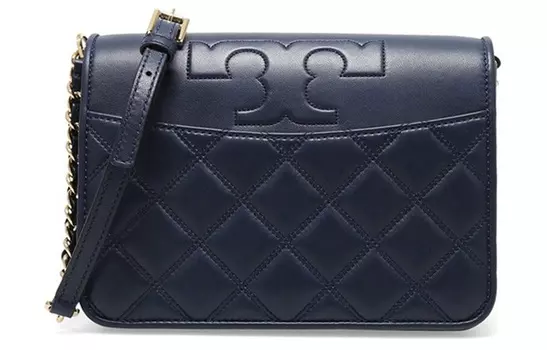 TORY BURCH Сумка-тоут Fleming Leather Plaid Quilting, маленькая квадратная, через плечо, среднего размера, женская, темно-синего цвета