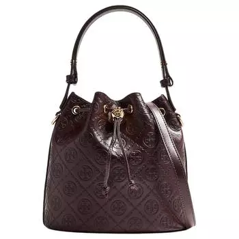 TORY BURCH Сумка-ведро из кожи с монограммой T, сумка на плечо, женская сумка темно-бордового цвета