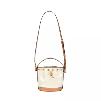 TORY BURCH Сумка-ведро из лакированной кожи с монограммой T, женская, на одно плечо, цвет "каменно-белый"