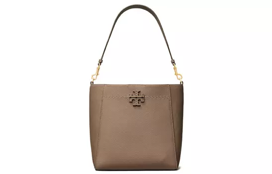 TORY BURCH Сумка-ведро McGraw Leather, сумка через плечо, большого размера, женская, серо-коричневого цвета