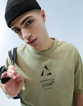 Тяжелая футболка оверсайз цвета хаки с принтом на груди ASOS DESIGN