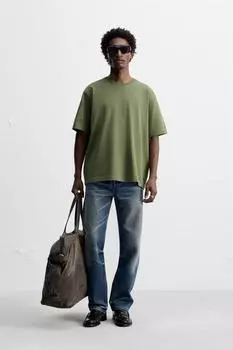 Тяжелая футболка с коротким рукавом ZARA, оливково-зеленый
