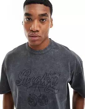 Тяжелая серая футболка свободного кроя ASOS DESIGN с надписью Lucky на груди