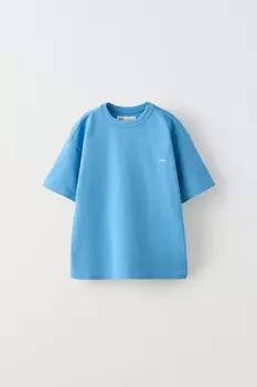 Тяжелая вышитая футболка ZARA, средне-синий